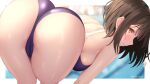  1girl akira_shiun ass bangs bent_over blurry blurry_background blush border breasts brown_eyes brown_hair closed_mouth competition_swimsuit embarrassed eyebrows_visible_through_hair highres large_breasts looking_at_viewer looking_back one-piece_swimsuit original partially_visible_vulva pool purple_swimsuit short_hair sideboob solo swimsuit thighs twitter_username 