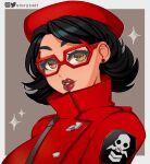  1girl black_hair cattstory dress earrings fortnite glasses hat jewelry lips lipstick looking_at_viewer makeup open_mouth red_dress red_headwear red_lips rue_(fortnite) short_hair simple_background solo yellow_eyes 