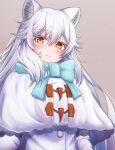  1girl animal_ears arctic_fox_(kemono_friends) blue_bow blue_bowtie blush bow bowtie capelet check_commentary clasp coat commentary commentary_request darkness_syake eyebrows_visible_through_hair fox_ears fox_girl kemono_friends long_hair long_sleeves looking_at_viewer orange_eyes smile solo upper_body white_capelet white_coat white_hair winter_clothes 