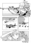  1girl aircraft breasts cloud drop_tank f6f_hellcat firing greyscale highres intrepid_(kancolle) jura_cambri kantai_collection large_breasts m1903_springfield machinery monochrome neckerchief radar rigging roundel shading_eyes turret 