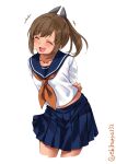  1girl alternate_costume arms_behind_back blue_sailor_collar blue_skirt blush breasts brown_hair cowboy_shot ebifurya eyebrows_visible_through_hair hair_between_eyes hair_ornament hairclip highres i-401_(kancolle) kantai_collection long_sleeves midriff_peek neckerchief one-hour_drawing_challenge open_mouth orange_neckerchief pleated_skirt ponytail sailor_collar school_uniform serafuku shirt simple_background skirt small_breasts smile solo twitter_username white_background 
