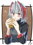  1girl absurdres ahoge antennae arknights artist_name black_jacket black_scarf burger demon_horns eating food grey_shirt highres holding holding_food horns jacket looking_at_viewer motsupu open_clothes open_jacket open_mouth orange_eyes scarf shirt short_hair signature silver_hair solo upper_body w_(arknights) 