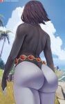  1girl ass belt black_hair black_legwear black_leotard blue_sky blurry blurry_background cloud colored_skin commentary cowboy_shot day dc_comics facing_away from_behind highres leotard long_sleeves ocean outdoors palm_tree patreon_logo patreon_username raven_(dc) shexyo short_hair shoulder_blades sky solo standing teen_titans thighs tree water web_address 