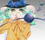  1girl :3 adapted_costume bangs blue_flower blue_rose blush bright_pupils closed_mouth damaged eyebrows_behind_hair flower gradient gradient_background green_eyes green_hair green_nails grey_background hands_over_mouth hands_up hat hat_flower koishi_day komeiji_koishi long_hair looking_at_viewer nail_polish neon_(co2co8) rose shattered shirt simple_background smile solo swept_bangs third_eye touhou upper_body yellow_shirt 