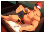  1boy abs alternate_costume bara black_male_swimwear bulge crow_(siranui) facial_hair foot_out_of_frame goatee green_eyes gyee headband highres large_pectorals looking_at_viewer male_focus male_swimwear mature_male muscular muscular_male musso_(gyee) navel nipples pectorals red_hair scar scar_on_cheek scar_on_face short_hair sideburns sitting solo stomach swim_briefs thighs topless_male 