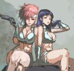  2girls asymmetrical_hair bangs blue_hair blush breasts brown_eyes cleavage closed_mouth commentary crop_top crossed_legs dirty_pair eyelashes feet_out_of_frame fujii_eishun gloves gun hair_between_eyes hand_in_hair handgun headband highres holding holding_gun holding_weapon kei_(dirty_pair) large_breasts lips lipstick long_hair looking_at_viewer makeup miniskirt multiple_girls navel parted_lips pencil_skirt red_eyes red_hair red_lips short_hair side-by-side sitting skirt sleeveless smile stomach straight_hair swept_bangs thighs weapon white_gloves white_skirt yuri_(dirty_pair) 