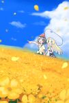  2girls :d aki_yamane bag bangs beanie blonde_hair blunt_bangs blush braid cloud collared_dress commentary day dress duffel_bag eyelashes field floral_print flower flower_field green_eyes green_shorts happy hat highres holding_hands lillie_(pokemon) long_hair multiple_girls open_mouth outdoors outstretched_arm pointing pokemon pokemon_(game) pokemon_sm red_headwear selene_(pokemon) shirt short_sleeves shorts sky sleeveless sleeveless_dress smile standing sun_hat sundress t-shirt teeth tied_shirt tongue twin_braids upper_teeth white_dress white_headwear yellow_flower 