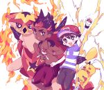  2boys :d arm_up ash_ketchum baseball_cap bracelet bright_pupils brown_eyes brown_hair catsubun_(kkst0904) commentary dark-skinned_male dark_skin fire hat highres holding holding_poke_ball jewelry kiawe_(pokemon) male_focus multiple_boys necklace open_mouth pants pikachu poke_ball pokemon pokemon_(anime) pokemon_(creature) pokemon_sm_(anime) red_headwear shirt short_hair short_sleeves smile striped striped_shirt t-shirt teeth tongue topless_male turtonator upper_teeth white_pupils z-ring 