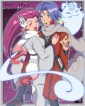  1boy 1girl blue_hair blush closed_eyes cruz02art flower green_eyes halloween highres james_(pokemon) japanese_clothes jessie_(pokemon) meowth pink_hair pokemon pokemon_(anime) rose team_rocket team_rocket_grunt 