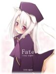  1girl animal_ears blush bottomless cat_ears cat_tail commentary_request copyright_name fate/stay_night fate_(series) hat illyasviel_von_einzbern long_hair long_sleeves moyuru purple_headwear red_eyes solo tail white_hair 