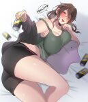  1girl alcohol ass beer beer_can bike_shorts blush breasts brown_hair can commentary_request ditto drunk eryu_kamemura green_tank_top hair_between_eyes highres imasaka_hakuno indie_virtual_youtuber large_breasts messy_hair pokemon red_eyes solo tank_top thighs virtual_youtuber 