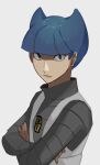  1boy bangs blue_eyes blue_hair blunt_bangs closed_mouth commentary_request crossed_arms frown grey_background grey_shirt highres logo looking_at_viewer male_focus merimori pokemon pokemon_(game) pokemon_dppt saturn_(pokemon) shirt short_hair simple_background solo upper_body 