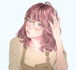  1girl apron brown_hair commentary eyelashes freckles glasses hand_in_hair head_tilt highres holding holding_pen lips looking_at_viewer ma2 medium_hair original pen pink_eyes pouty_lips shirt solo white_background 