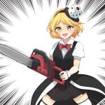  1girl black_skirt black_vest blonde_hair bow bowtie buttons chainsaw collared_shirt cowboy_shot dice_hair_ornament earrings eyebrows_visible_through_hair genderswap genderswap_(otf) hair_ornament highres holding holding_chainsaw jewelry len&#039;en open_mouth ougi_hina pleated_skirt puffy_short_sleeves puffy_sleeves red_bow red_bowtie red_neckwear shirt short_hair short_sleeves simple_background skirt solo thighhighs v-shaped_eyebrows vest white_background white_legwear white_shirt wrist_cuffs xeno_a yellow_eyes zettai_ryouiki 