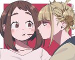  2girls bangs blonde_hair blush boku_no_hero_academia brown_eyes brown_hair cheek_poking couple eyebrows_visible_through_hair food highres imminent_kiss looking_at_another multiple_girls pocky poking simple_background toga_himiko tongu_11 uraraka_ochako yellow_eyes yuri 