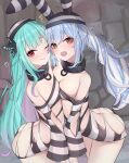  2girls animal_ears ass asymmetrical_docking bare_shoulders blue_hair blush breast_press breasts cleavage colored_inner_hair dress eyebrows_visible_through_hair flat_chest green_eyes hat heart heart-shaped_pupils highres hololive long_hair medium_breasts multicolored_hair multiple_girls pink_hair prison_clothes rabbit_ears sherryqq symbol-shaped_pupils torn_clothes torn_dress uruha_rushia usada_pekora very_long_hair virtual_youtuber 