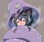  1girl anchor_symbol arbok black_hair blush constriction crossover fangs grey_background hair_between_eyes kantai_collection miyao_ryuu open_mouth pokemon pokemon_(creature) purple_eyes short_hair_with_long_locks simple_background tears thick_eyebrows tokitsukaze_(kancolle) tongue 
