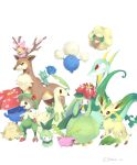  :d aki_yamane bayleef breloom cherrim cherrim_(sunshine) closed_eyes closed_mouth evolutionary_line highres hoppip jumpluff leafeon lilligant no_humans on_head open_mouth petilil pokemon pokemon_(creature) pokemon_on_head red_eyes roselia sawsbuck serperior shroomish simple_background smile standing tongue vileplume whimsicott white_background 