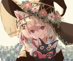  1girl animal animal_ears bangs black_cat black_dress black_headwear blue_hair brown_eyes brown_hair cat cat_ears closed_mouth commentary dress eyebrows_visible_through_hair flower hair_between_eyes hat hat_flower head_tilt heart highres looking_at_viewer multicolored_hair oimo_imoo original red_flower red_hair smile solo streaked_hair upper_body white_flower witch witch_hat 