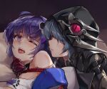  2girls bangs bare_shoulders bdsm black_cape black_gloves bondage bound cape crying gloves grabbing_another&#039;s_chin grey_hair hand_on_another&#039;s_chin honkai_(series) honkai_impact_3rd jacket medium_hair multiple_girls one_eye_closed open_mouth pillow purple_eyes purple_hair raiden_mei raiden_mei_(striker_fulminata) raven_(honkai_impact_3rd) saliva shirt tears teeth tongue white_jacket white_shirt yuri zombie-andy 