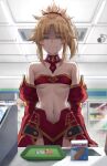  1girl bandaid bandeau bangs bare_shoulders blonde_hair braid breasts closed_eyes closed_mouth collarbone commentary detached_collar detached_sleeves fang fate/apocrypha fate_(series) french_braid highres long_hair mordred_(fate) mordred_(fate/apocrypha) parted_bangs ponytail shaded_face sidelocks small_breasts smile tonee 
