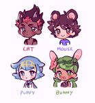  2boys 2girls :d animal_ears ash_ketchum bangs blue_eyes blue_hair blue_sailor_collar blush_stickers bright_pupils brown_eyes brown_hair cat_ears catsubun_(kkst0904) chibi closed_mouth commentary dark-skinned_female dark-skinned_male dark_skin dog_ears eyebrows_visible_through_hair eyelashes flower green_eyes green_hair green_headband hairband headband jewelry kiawe_(pokemon) lana_(pokemon) long_hair mallow_(pokemon) mouse_ears multiple_boys multiple_girls necklace open_mouth pink_flower pokemon pokemon_(anime) pokemon_sm_(anime) rabbit_ears sailor_collar shirt short_hair simple_background sleeveless sleeveless_shirt smile swept_bangs topless_male twintails white_background white_pupils white_shirt yellow_hairband 