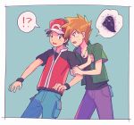  !? 2boys baseball_cap black_wristband blue_oak blue_pants blush border brown_hair collarbone commentary_request green_jacket hat itome_(funori1) jacket jewelry locked_arms male_focus multiple_boys necklace open_clothes open_jacket open_mouth orange_hair pants pokemon pokemon_origins pokemon_tower_ghost purple_pants red_(pokemon) red_headwear shirt short_hair short_sleeves spiked_hair spoken_interrobang sweatdrop tongue white_border wristband 