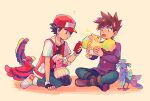  2boys ? bangs baseball_cap blue_oak boots brown_hair commentary_request hat holding holding_pokemon itome_(funori1) jacket male_focus multiple_boys open_mouth oricorio oricorio_(baile) oricorio_(pa&#039;u) oricorio_(pom-pom) oricorio_(sensu) pants pokedex pokemon pokemon_(creature) pokemon_(game) pokemon_rgby purple_shirt red_(pokemon) red_headwear shirt shoes short_hair short_sleeves sitting spiked_hair tongue 