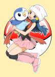  1girl :d ;d absurdres bare_shoulders beanie black_legwear blue_eyes blue_hair blush boots brown_background commentary_request dawn_(pokemon) full_body hat highres long_hair looking_at_viewer one_eye_closed ooshima_tomo outline over-kneehighs pink_footwear pink_skirt piplup pleated_skirt poke_ball poke_ball_(basic) pokemon pokemon_(creature) pokemon_(game) pokemon_dppt red_scarf scarf shirt simple_background skirt sleeveless sleeveless_shirt smile teeth thighhighs upper_teeth very_long_hair white_headwear white_outline 