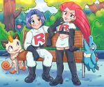  1boy 1girl anemonaderio angry blue_hair bush derivative_work green_eyes highres james_(pokemon) jessie_(pokemon) long_hair meowth pokemon pokemon_(anime) pokemon_(creature) red_hair screencap_redraw smile totodile tree very_long_hair wobbuffet 