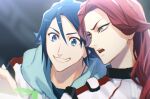  2boys blue_eyes blue_hair blue_hoodie bogue_con-vaart hayate_immelmann highres holographic_monitor hood hoodie jacket looking_down looking_to_the_side macross macross_delta macross_delta:_zettai_live!!!!!! male_focus mosako multiple_boys open_mouth pilot_suit red_hair smile v-shaped_eyebrows white_jacket yellow_eyes 