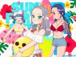  aasaagame alternate_costume ball beachball blue_hair breasts chigusa_(fortnite) fortnite green_eyes highres large_breasts long_hair looking_at_viewer medium_breasts megumi_(fortnite) multiple_girls pink_eyes scuba_gear short_hair shorts silver_hair summer surfboard swimsuit tattoo yuki_(fortnite) 