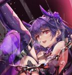  1girl bangs bare_shoulders earrings honkai_(series) honkai_impact_3rd horns jewelry long_hair looking_at_viewer lowres open_mouth ponytail purple_eyes purple_hair purple_legwear raiden_mei raiden_mei_(lightning_empress) solo teeth tongue water zombie-andy 
