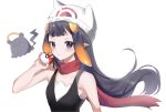  1girl bangs beanie collarbone cosplay dawn_(pokemon) dawn_(pokemon)_(cosplay) english_commentary floating_hair hair_behind_ear halo hat highres holding holding_poke_ball hololive hololive_english long_hair looking_at_viewer maru_ccy ninomae_ina&#039;nis pointy_ears poke_ball poke_ball_(basic) pokemon pokemon_(game) pokemon_bdsp portrait red_scarf scarf solo tako_(ninomae_ina&#039;nis) tentacle_hair virtual_youtuber white_background white_headwear 