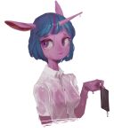  1girl :/ animal_ears bangs blue_hair blunt_bangs bob_cut body_fur closed_mouth collared_shirt derekireba furry furry_female highres holding horns horse_ears horse_girl multicolored_hair my_little_pony nipples purple_eyes purple_hair see-through see-through_shirt shirt short_hair short_sleeves simple_background single_horn solo streaked_hair twilight_sparkle two-tone_background wet wet_clothes wet_shirt white_background white_shirt 