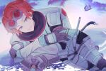  1girl animification apex_legends backpack bag black_gloves blue_eyes cloud commentary_request floating freckles gloves goggles goggles_on_head highres horizon_(apex_legends) leaning_to_the_side orange_hair pen rakusebun robot sky smile solo spacesuit 