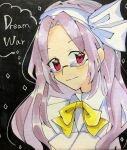  1girl asakura_rikako bangs black_background blush bow closed_mouth eyebrows_visible_through_hair face glasses hair_ribbon highres labcoat liliecstyle long_hair looking_at_viewer parted_bangs purple_hair red_eyes ribbon smile touhou touhou_(pc-98) traditional_media white_ribbon yellow_bow 