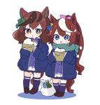  2girls :t animal_ears bag baozi blue_eyes blue_jacket blush bottle bow brown_eyes brown_footwear brown_hair chibi closed_mouth colored_shadow ear_bow eating food green_bow hair_ribbon highres hitomiz holding holding_food horse_ears horse_girl horse_tail jacket loafers long_sleeves multicolored_hair multiple_girls nice_nature_(umamusume) open_clothes open_jacket pink_ribbon plastic_bag pleated_skirt ponytail purple_legwear purple_shirt purple_skirt ribbon school_uniform shadow shirt shoes skirt sleeves_past_wrists standing streaked_hair tail thighhighs tokai_teio_(umamusume) tongue tongue_out tracen_school_uniform umamusume white_background white_hair 