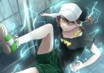  1girl aic_oekaki baseball_cap biribiri black_shirt blurry blurry_background brown_eyes brown_hair casual clenched_teeth commentary_request electricity green_shorts hat highres low_ponytail misaka_mikoto shirt shoes short_hair shorts sneakers solo teeth toaru_kagaku_no_railgun toaru_majutsu_no_index 