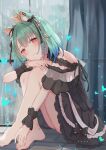  1girl animal_ear_fluff animal_ears bare_shoulders barefoot black_choker black_dress black_ribbon blue_hair cat_ears choker crown curtains dress ear_piercing ear_ribbon earrings extra_ears feet frilled_dress frilled_straps frills gradient_hair green_hair hair_ornament hair_ribbon hands_on_feet highres hololive hugging_own_legs indoors jewelry knees_up legs medium_hair miakiuehashi multicolored_hair off-shoulder_dress off_shoulder piercing red_eyes ribbon see-through_sleeves short_dress short_sleeves sitting skull_earrings skull_hair_ornament solo toes uruha_rushia virtual_youtuber wristband 