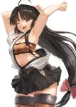  1girl ahoge armpits arms_up bandeau black_hair black_skirt blush bow breasts brown_eyes eyebrows_visible_through_hair hadanugi_dousa hair_bow kantai_collection long_hair looking_at_viewer low-tied_long_hair one_eye_closed open_mouth pleated_skirt shouhou_(kancolle) simple_background skirt smile solo thighhighs toka_(marchlizard) very_long_hair white_background 