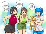  3girls bag bangs black_hair blue_eyes blue_hair breasts commentary controller curvy english_commentary erkaz handbag high_ponytail highres huge_breasts joystick medium_hair multiple_girls open_mouth original playing_games red_eyes rina_atherina shirt short_sleeves speech_bubble stuffed_animal stuffed_toy talking white_shirt 