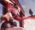  1girl animal_ears armor bangs bare_shoulders bird blue_eyes blue_sky cloud cloudy_sky crow fox_ears fox_mask gauntlets honkai_(series) honkai_impact_3rd japanese_armor mask ninja open_mouth outdoors petals pink_hair purple_scarf scarf sky solo teeth yae_kasumi yae_sakura yae_sakura_(darkbolt_jonin) zombie-andy 