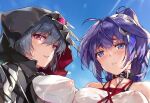  2girls bangs bare_shoulders black_cape black_choker blue_sky bound cape choker grey_hair hair_ornament hairpin honkai_(series) honkai_impact_3rd long_hair looking_at_viewer multiple_girls nipples open_mouth outdoors ponytail raiden_mei raven_(honkai_impact_3rd) reward_available short_hair sky teeth tied_up_(nonsexual) wet wet_clothes wet_hair zombie-andy 