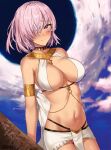  1girl armlet bangs bare_shoulders blush borrowed_design breasts choker cleavage closed_mouth eyebrows_visible_through_hair fate/grand_order fate_(series) frown_(wonderland85711) hair_over_one_eye harem_outfit jewelry large_breasts looking_at_viewer mash_kyrielight navel one_eye_covered outdoors purple_eyes purple_hair short_hair skirt solo white_skirt 