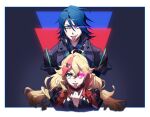  1boy 1girl \m/ blonde_hair blue_hair border colored_sclera dark_persona fang green_eyes hair_between_eyes hayate_immelmann highres jacket long_hair looking_at_viewer low_twintails macross macross_delta macross_delta:_zettai_live!!!!!! mosako multicolored_hair pilot_suit pink_sclera red_hair red_jacket skin_fang streaked_hair tongue tongue_out twintails v-shaped_eyebrows white_border yami_freyja 