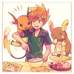  1boy alolan_raichu apron bangs berry blue_oak book collared_shirt commentary_request cooking framed green_apron hanging holding holding_whisk itome_(funori1) male_focus mixing_bowl one_eye_closed open_mouth orange_hair pokemon pokemon_(creature) pokemon_(game) pokemon_frlg pokemon_on_arm raichu shirt short_hair short_sleeves smile spiked_hair tongue whisk 