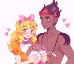  2boys ashley_(pokemon) bangs blonde_hair blush bouquet bow_hairband catsubun_(kkst0904) collarbone commentary crossdressing dark-skinned_male dark_skin dress eyelashes flower hairband heart holding interracial jewelry kiawe_(pokemon) long_hair male_focus multiple_boys necklace open_mouth orange_dress pink_flower pokemon pokemon_(anime) pokemon_(classic_anime) pokemon_sm_(anime) purple_hairband short_hair topless_male undercut yaoi 