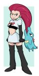  1girl angry animatorrader blue_eyes blush derivative_work green_background highres jessie_(pokemon) long_hair pokemon pokemon_(anime) pokemon_(creature) red_hair screencap_redraw team_rocket totodile 