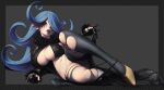  1girl artist_name black_legwear black_lips blue_hair blurry breasts character_request cleavage covered_nipples curly_hair depth_of_field full_body fur_trim gengoroumaru_(ambidextrous) gloves hair_over_one_eye high_heels highres knee_up large_breasts looking_at_viewer lying midriff navel on_side original panties panties_removed panty_pull partially_fingerless_gloves simple_background solo thick_thighs thighs underwear yellow_footwear 